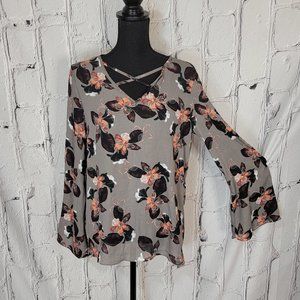 Daisy Fuentes Gray Floral Long Bell Sleeve Chiffon Top Back Button Closure M